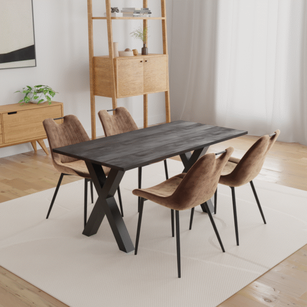 Solid Mango Wood Dark Walnut Bronx 1.6M Dining Table with 4 Faux Leather Suede Fiorelli Dining Chairs Set