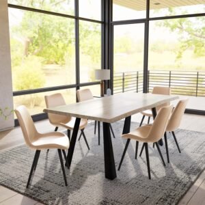 Real Wood Veneer Light Oak Logan 1.8M Dining Table with 6 Faux Leather Light Tan Elmo Chairs Set