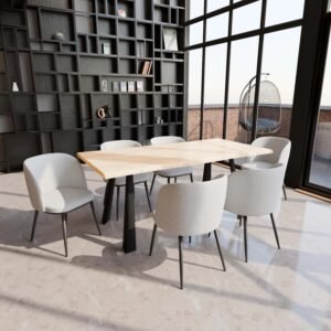Real Wood Veneer Light Oak Logan 1.8M Dining Table with 6 Fabric Teddy Boucle Fausto Dining Chairs Set