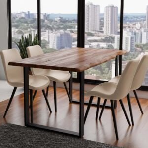 Solid Acacia Natural Wood Manhattan 1.6M Dining Table with Faux Leather Light Tan Elmo Chairs Set
