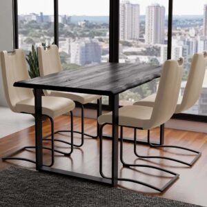 Solid Acacia Grey Wood Manhattan 1.6M Dining Table with Faux Leather Light Tan Emilio Chairs Set