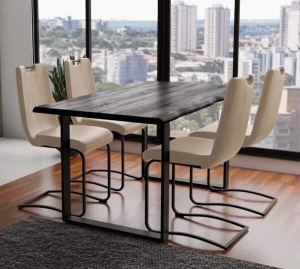 Solid Acacia Grey Wood Manhattan 1.6M Dining Table with Faux Leather Light Tan Emilio Chairs Set