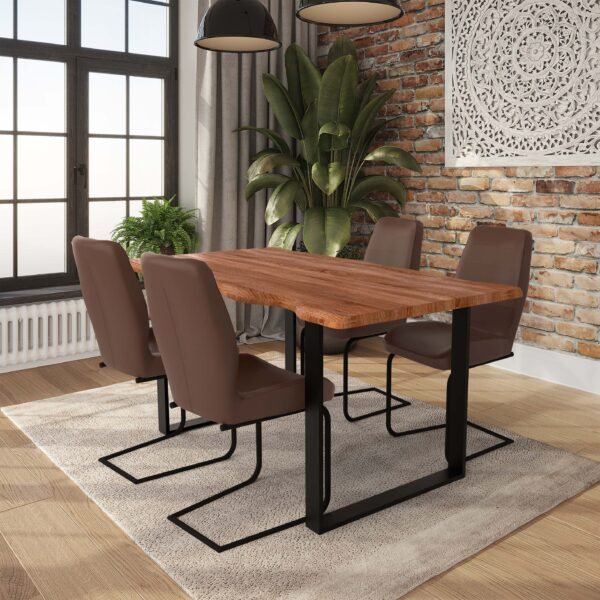 Solid Acacia Natural Wood Manhattan 1.6M Dining Table with Faux Leather Renzo Dining Chairs Set - Image 2