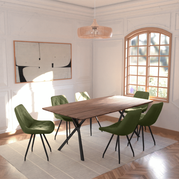 Real Wood Veneer Light Walnut Berkeley 2M Dining Table with Velvet Brando Chairs Dining Set