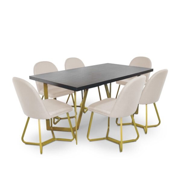 Black Wood Veneer Savannah Dining Table with 6 Cream Fabric Savannah Dining Chairs Gold Chrome Legs - Image 3