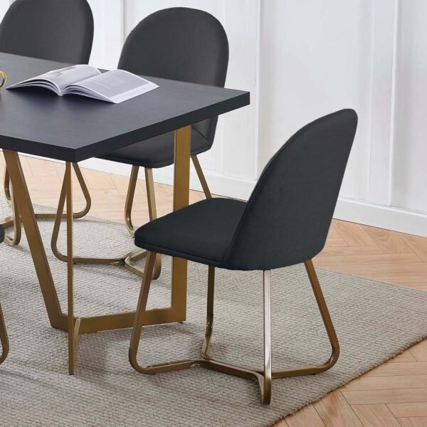 Black Wood Veneer Savannah Dining Table with 6 Black Fabric Savannah Dining Chairs Gold Chrome Legs - Image 2